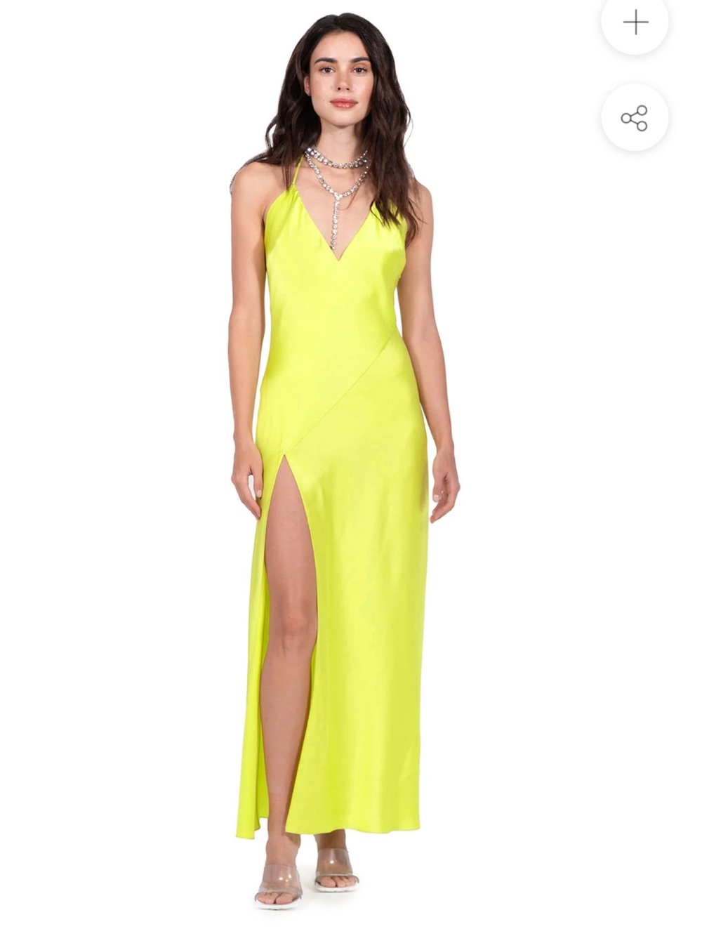 Dannijo Silk CHARTREUSE HIGH SLIT DEEP V HALTER MAXI dress size L